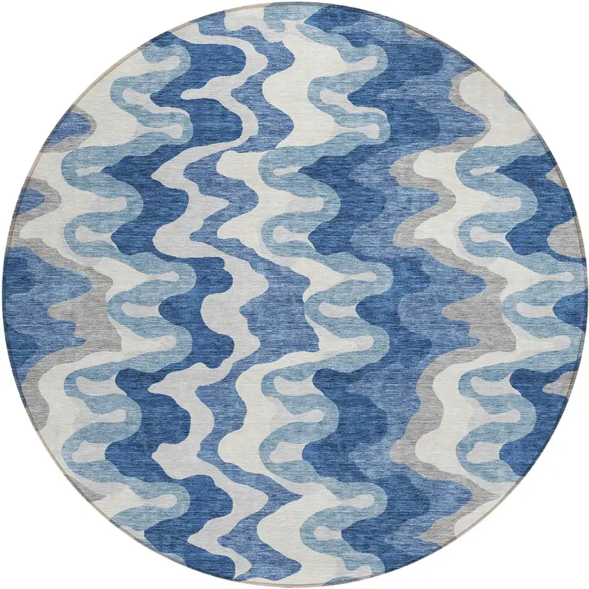 8' Navy Blue And Sky Blue Round Abstract Washable Indoor Outdoor Area Rug Photo 1