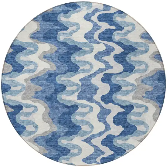 8' Navy Blue And Sky Blue Round Abstract Washable Indoor Outdoor Area Rug Photo 4