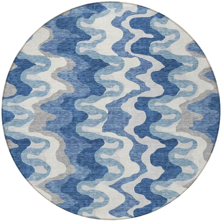 8' Navy Blue And Sky Blue Round Abstract Washable Indoor Outdoor Area Rug Photo 4