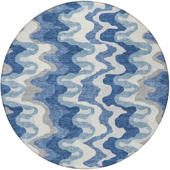 8' Navy Blue And Sky Blue Round Abstract Washable Indoor Outdoor Area Rug Photo 4