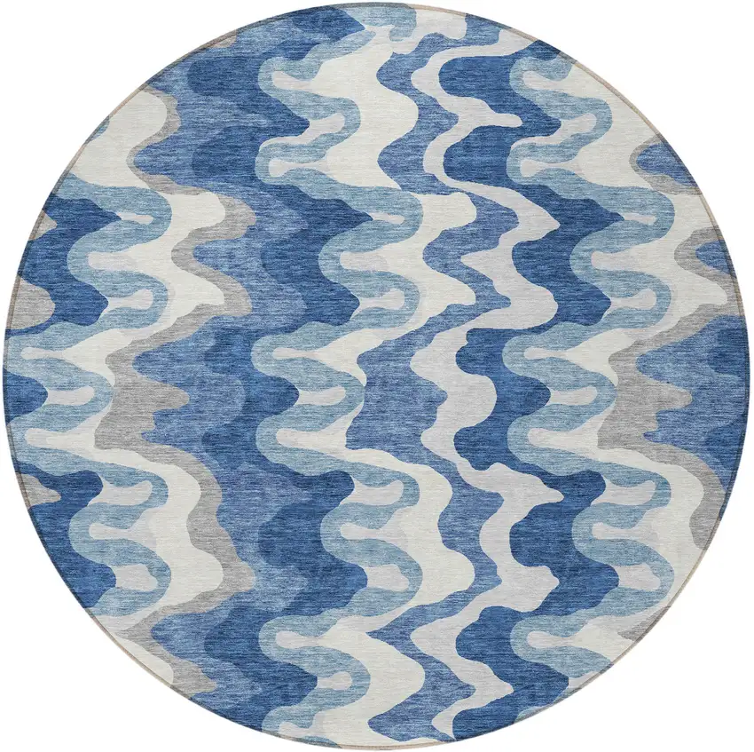 8' Navy Blue And Sky Blue Round Abstract Washable Indoor Outdoor Area Rug Photo 4