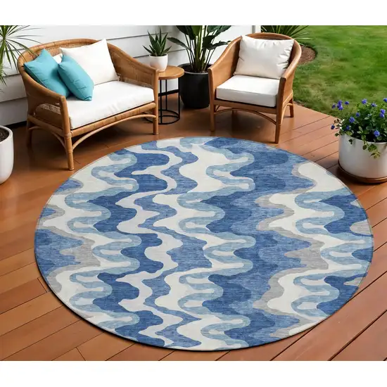8' Navy Blue And Sky Blue Round Abstract Washable Indoor Outdoor Area Rug Photo 1