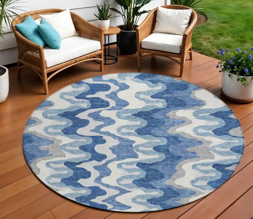 8' Navy Blue And Sky Blue Round Abstract Washable Indoor Outdoor Area Rug Photo 1