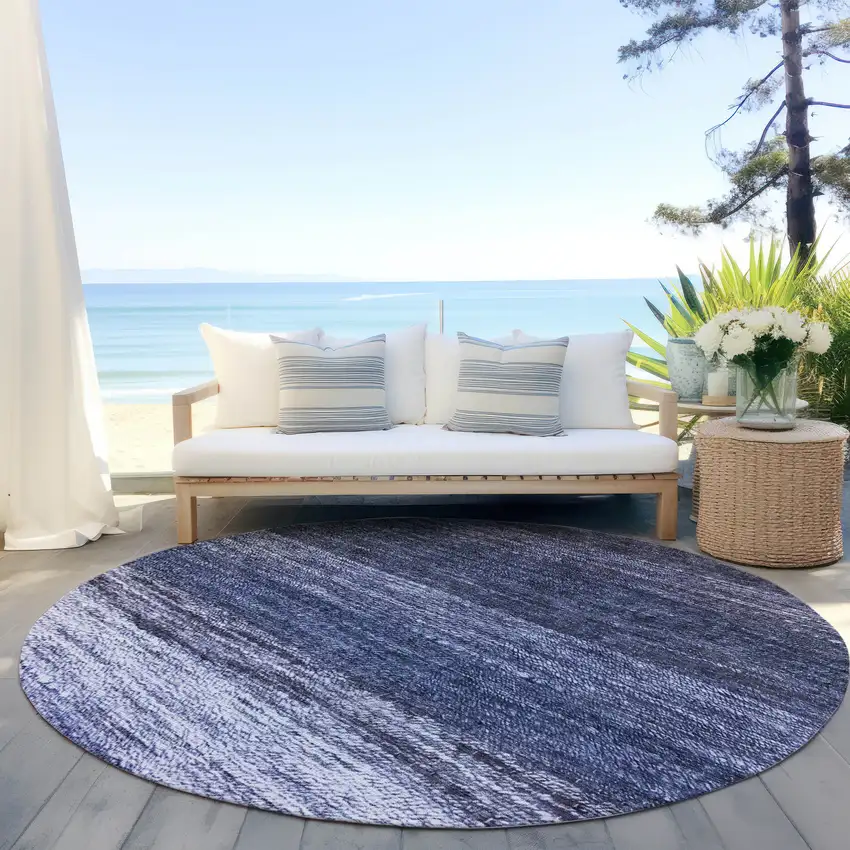 8' Navy Blue And Sky Blue Round Abstract Washable Indoor Outdoor Area Rug Photo 6