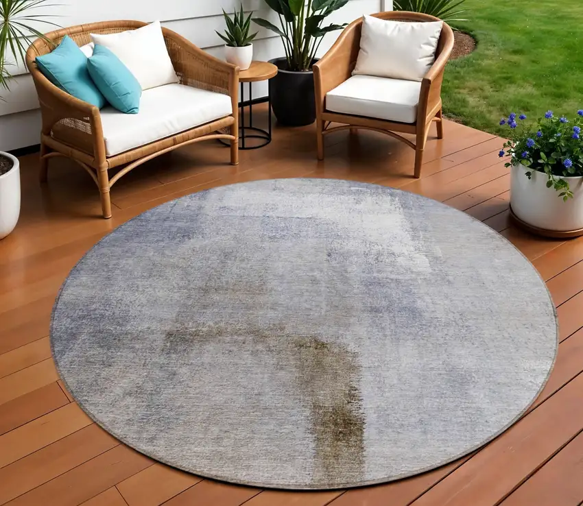 8' Navy Blue And Sky Blue Round Abstract Washable Indoor Outdoor Area Rug Photo 1