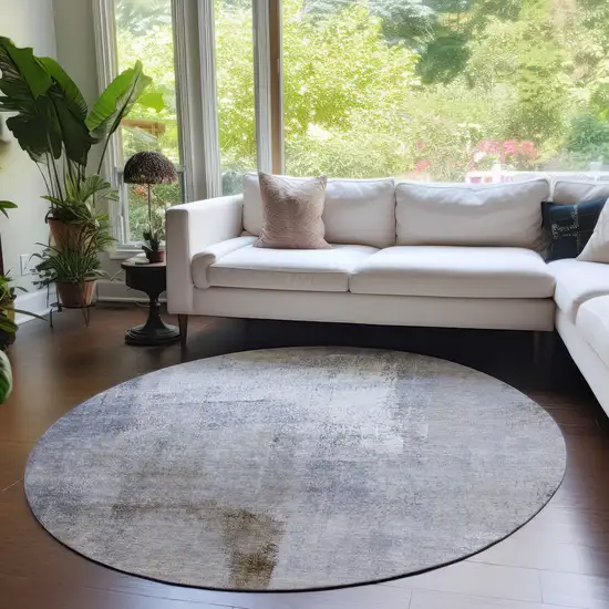 8' Navy Blue And Sky Blue Round Abstract Washable Indoor Outdoor Area Rug Photo 7