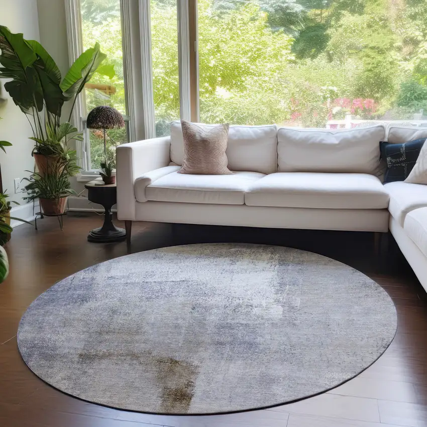 8' Navy Blue And Sky Blue Round Abstract Washable Indoor Outdoor Area Rug Photo 7