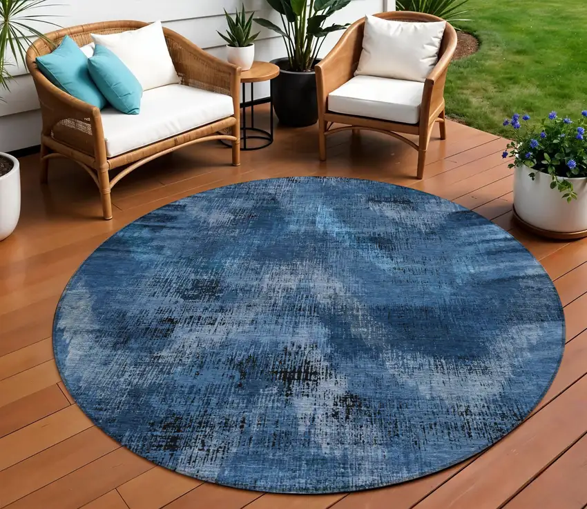 8' Navy Blue And Sky Blue Round Abstract Washable Indoor Outdoor Area Rug Photo 1