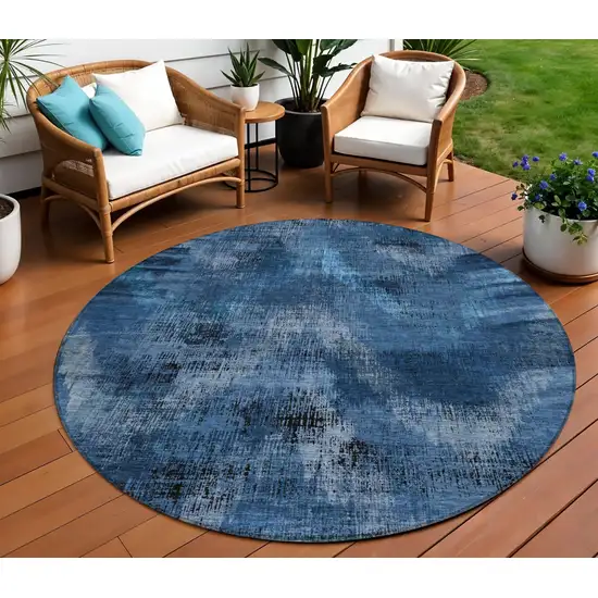 8' Navy Blue And Sky Blue Round Abstract Washable Indoor Outdoor Area Rug Photo 1