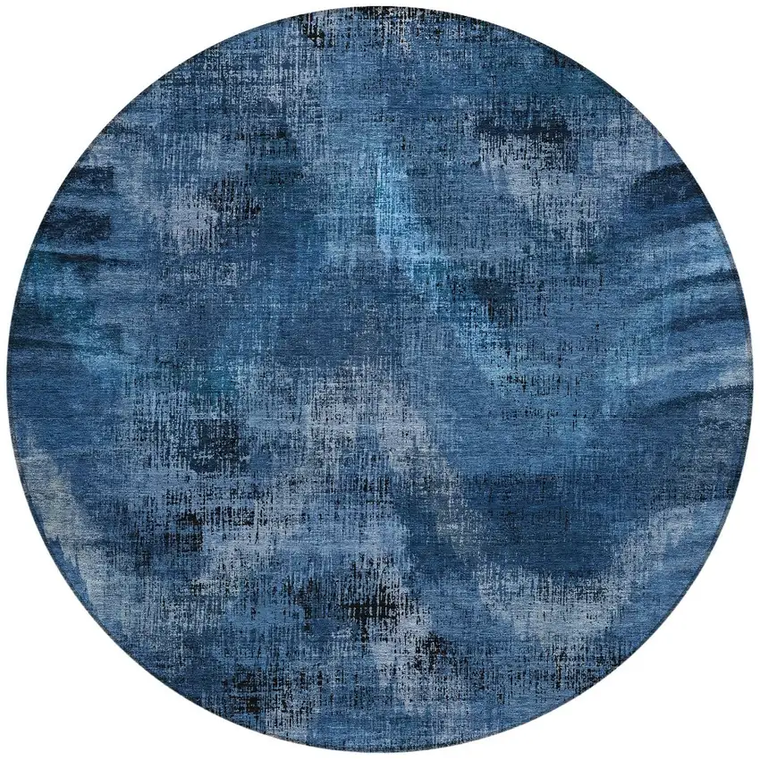 8' Navy Blue And Sky Blue Round Abstract Washable Indoor Outdoor Area Rug Photo 5