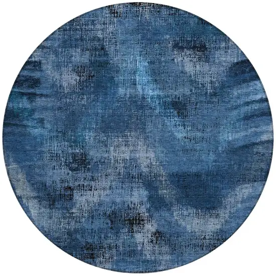 8' Navy Blue And Sky Blue Round Abstract Washable Indoor Outdoor Area Rug Photo 5
