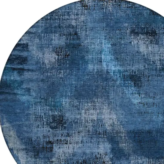 8' Navy Blue And Sky Blue Round Abstract Washable Indoor Outdoor Area Rug Photo 4