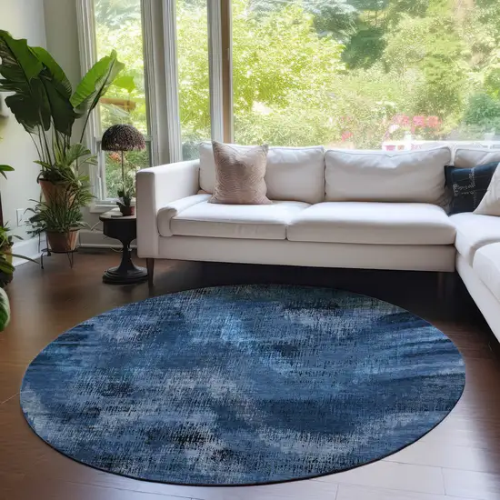 8' Navy Blue And Sky Blue Round Abstract Washable Indoor Outdoor Area Rug Photo 7