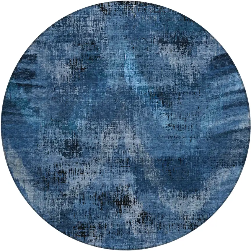 8' Navy Blue And Sky Blue Round Abstract Washable Indoor Outdoor Area Rug Photo 2