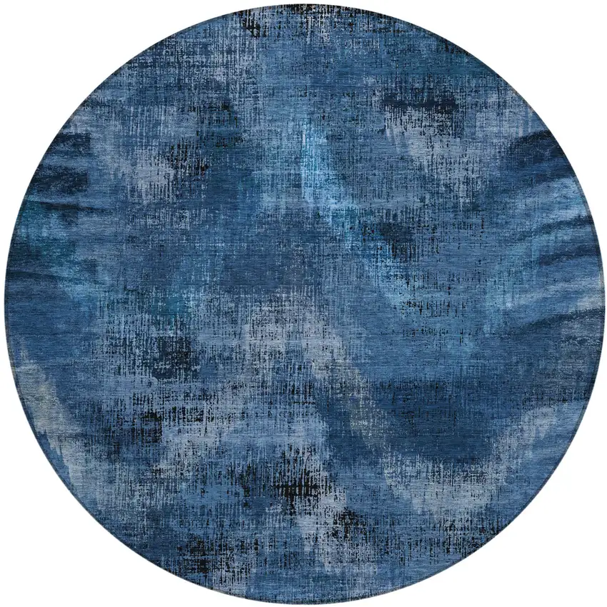 8' Navy Blue And Sky Blue Round Abstract Washable Indoor Outdoor Area Rug Photo 2