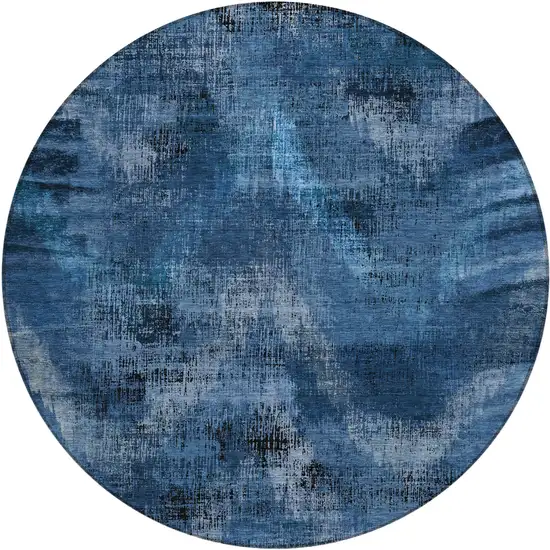 8' Navy Blue And Sky Blue Round Abstract Washable Indoor Outdoor Area Rug Photo 2