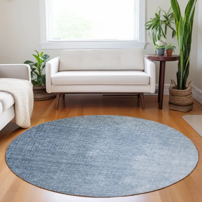 8' Navy Blue And Sky Blue Round Abstract Washable Indoor Outdoor Area Rug Photo 7