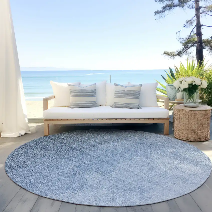 8' Navy Blue And Sky Blue Round Abstract Washable Indoor Outdoor Area Rug Photo 6