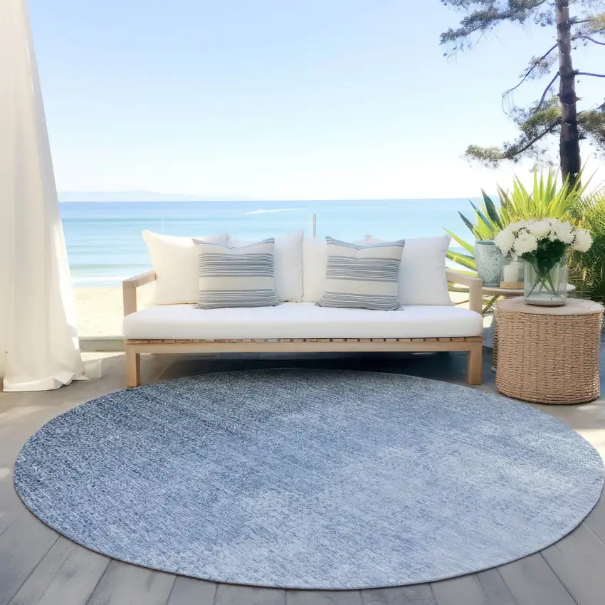8' Navy Blue And Sky Blue Round Abstract Washable Indoor Outdoor Area Rug Photo 6