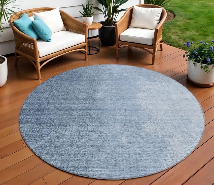 8' Navy Blue And Sky Blue Round Abstract Washable Indoor Outdoor Area Rug Photo 1