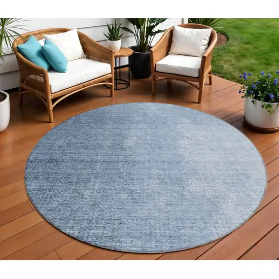 8' Navy Blue And Sky Blue Round Abstract Washable Indoor Outdoor Area Rug Photo 1