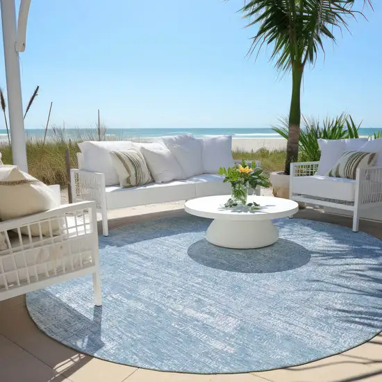 8' Navy Blue And Sky Blue Round Abstract Washable Indoor Outdoor Area Rug Photo 5