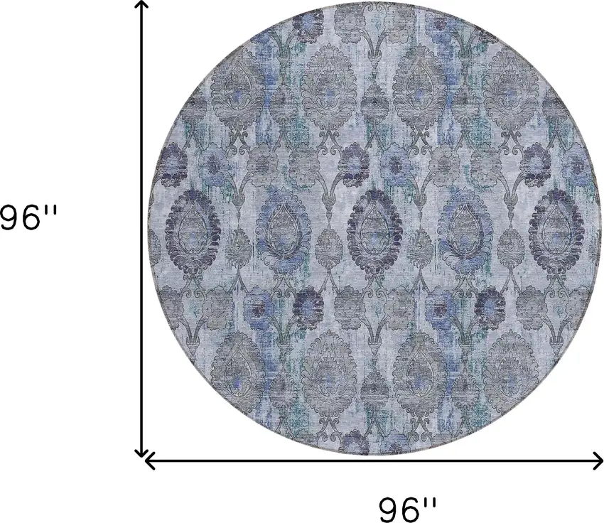 8' Navy Blue And Sky Blue Round Damask Washable Indoor Outdoor Area Rug Photo 3