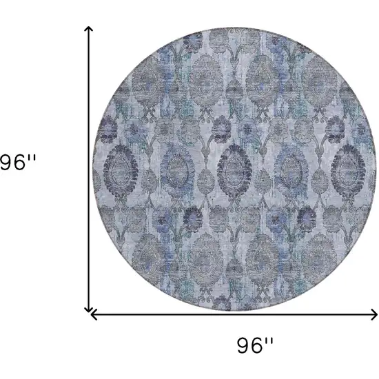 8' Navy Blue And Sky Blue Round Damask Washable Indoor Outdoor Area Rug Photo 3