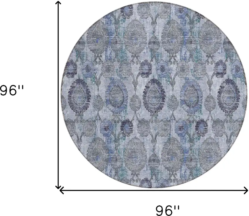 8' Navy Blue And Sky Blue Round Damask Washable Indoor Outdoor Area Rug Photo 3