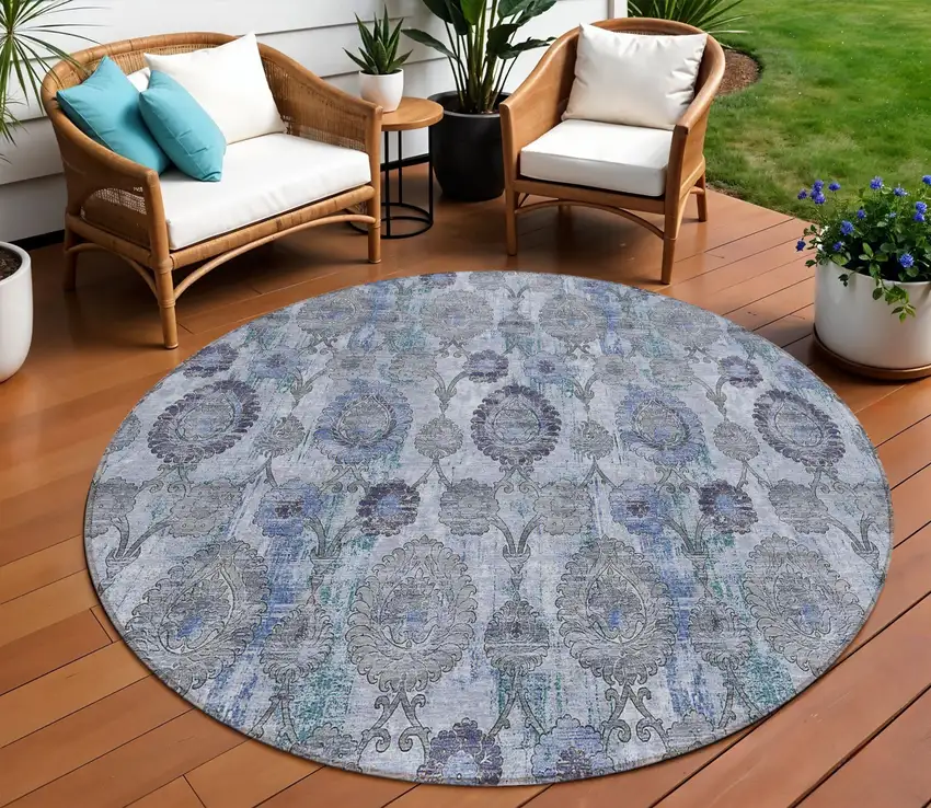 8' Navy Blue And Sky Blue Round Damask Washable Indoor Outdoor Area Rug Photo 1