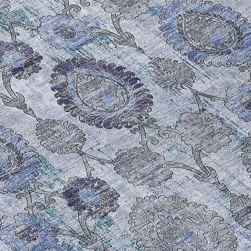 8' Navy Blue And Sky Blue Round Damask Washable Indoor Outdoor Area Rug Photo 8