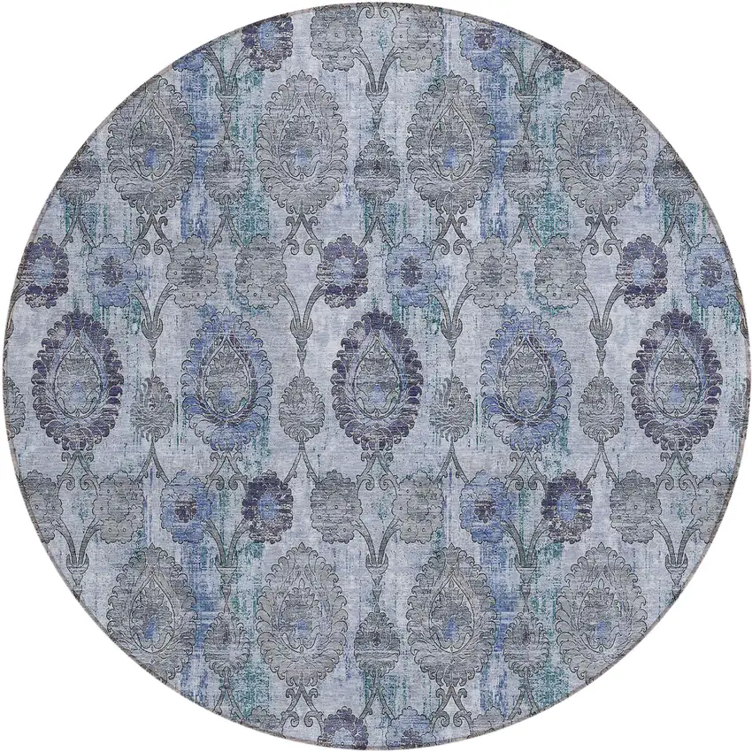8' Navy Blue And Sky Blue Round Damask Washable Indoor Outdoor Area Rug Photo 2