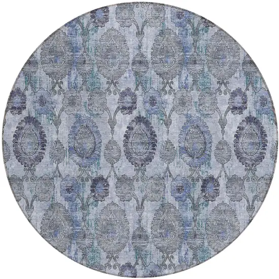 8' Navy Blue And Sky Blue Round Damask Washable Indoor Outdoor Area Rug Photo 2