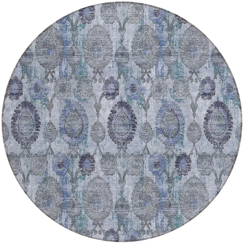 8' Navy Blue And Sky Blue Round Damask Washable Indoor Outdoor Area Rug Photo 2