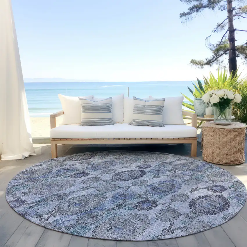 8' Navy Blue And Sky Blue Round Damask Washable Indoor Outdoor Area Rug Photo 6