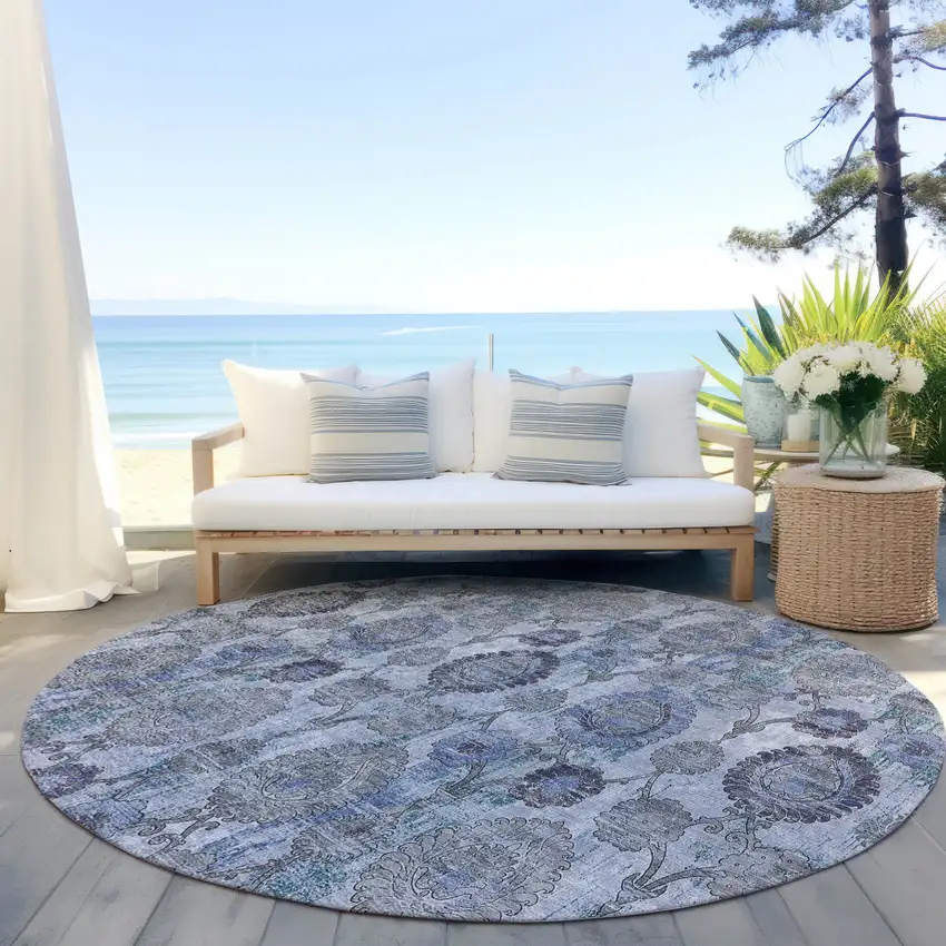 8' Navy Blue And Sky Blue Round Damask Washable Indoor Outdoor Area Rug Photo 6