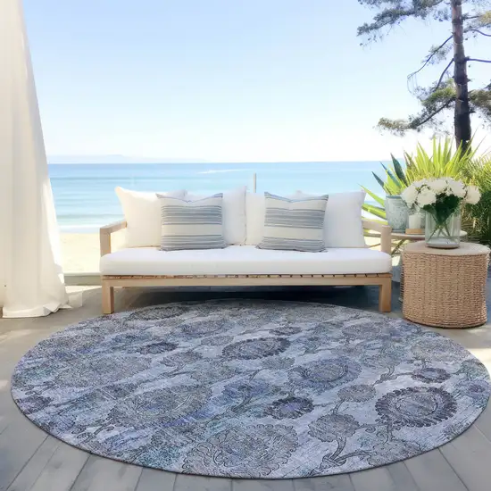 8' Navy Blue And Sky Blue Round Damask Washable Indoor Outdoor Area Rug Photo 6