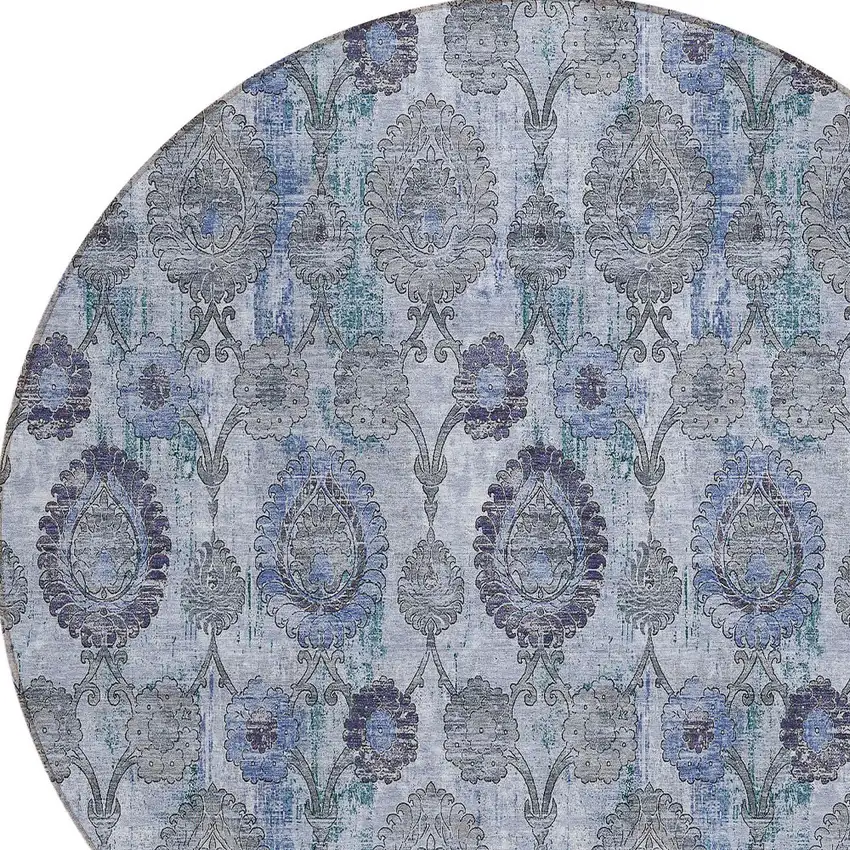 8' Navy Blue And Sky Blue Round Damask Washable Indoor Outdoor Area Rug Photo 4