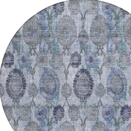 8' Navy Blue And Sky Blue Round Damask Washable Indoor Outdoor Area Rug Photo 4