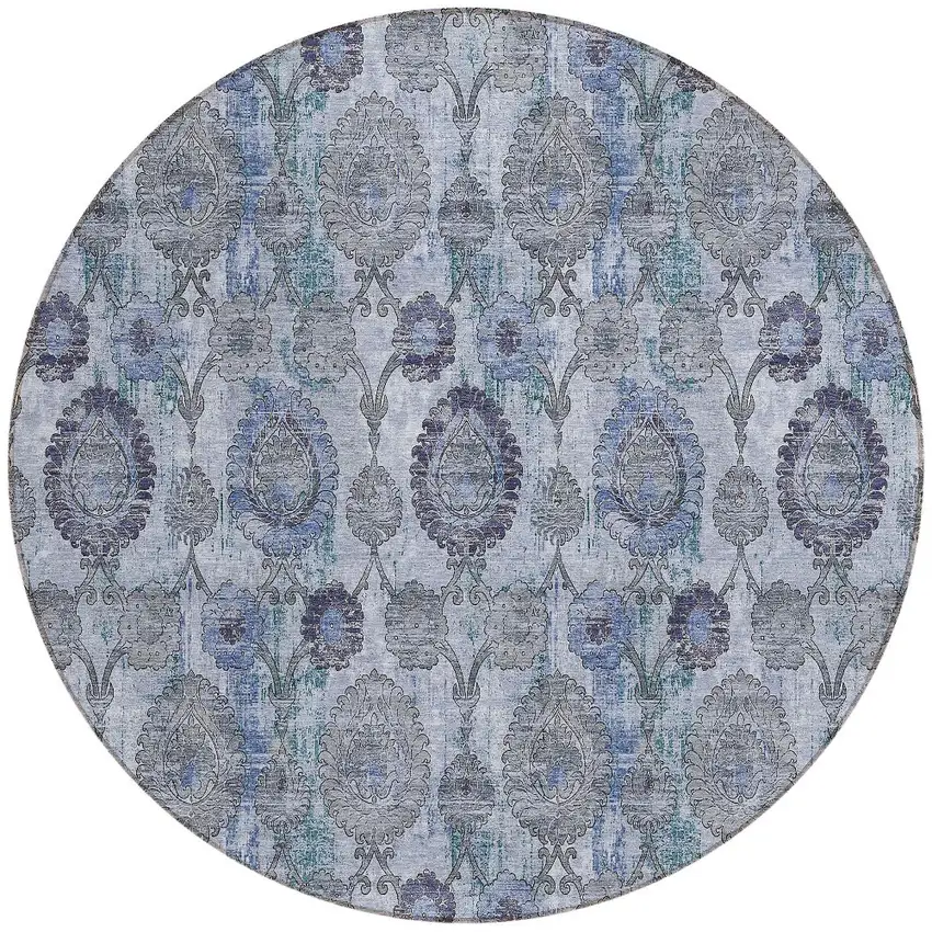 8' Navy Blue And Sky Blue Round Damask Washable Indoor Outdoor Area Rug Photo 5