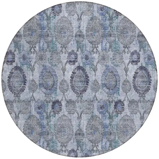 8' Navy Blue And Sky Blue Round Damask Washable Indoor Outdoor Area Rug Photo 5