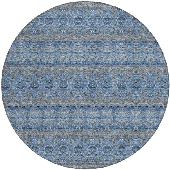8' Navy Blue And Sky Blue Round Floral Medallion Washable Indoor Outdoor Area Rug Photo 2