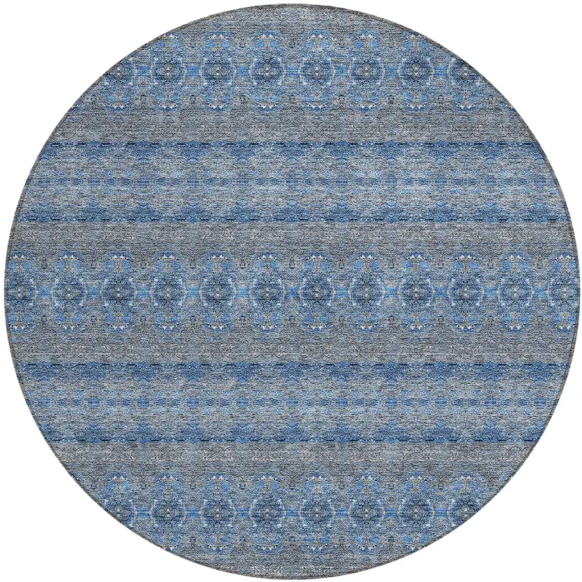 8' Navy Blue And Sky Blue Round Floral Medallion Washable Indoor Outdoor Area Rug Photo 2