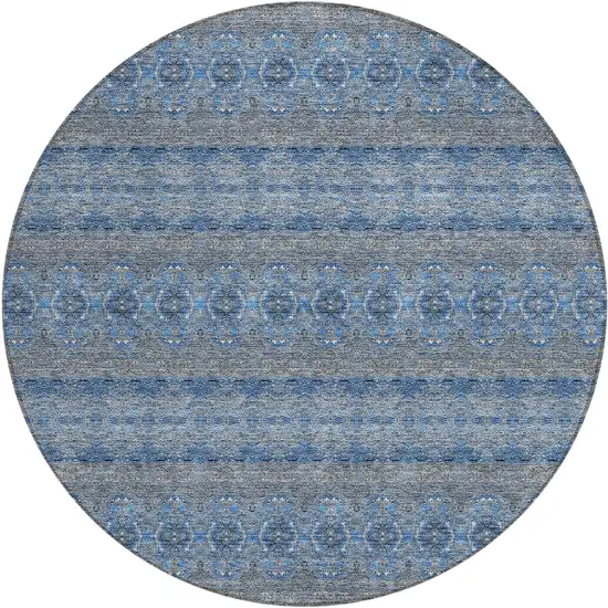 8' Navy Blue And Sky Blue Round Floral Medallion Washable Indoor Outdoor Area Rug Photo 2