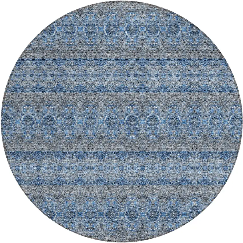 8' Navy Blue And Sky Blue Round Floral Medallion Washable Indoor Outdoor Area Rug Photo 2