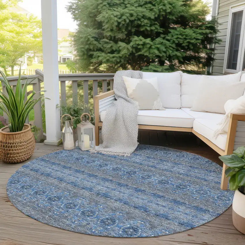 8' Navy Blue And Sky Blue Round Floral Medallion Washable Indoor Outdoor Area Rug Photo 6