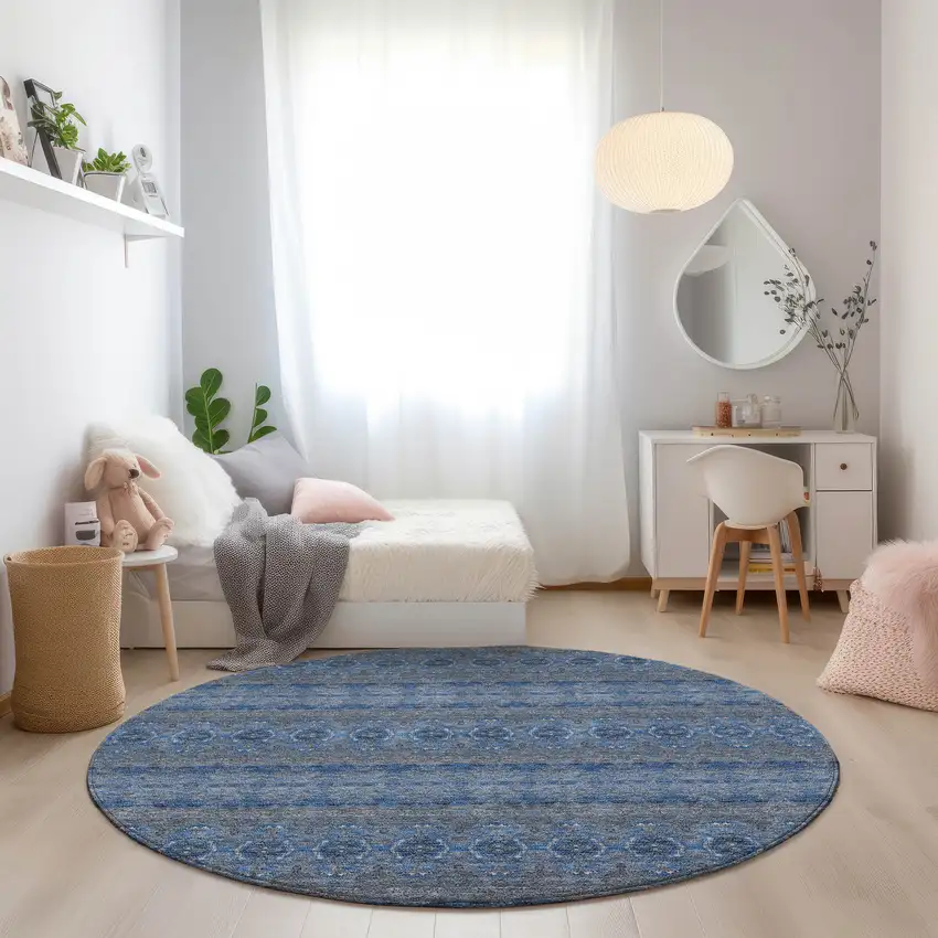 8' Navy Blue And Sky Blue Round Floral Medallion Washable Indoor Outdoor Area Rug Photo 7