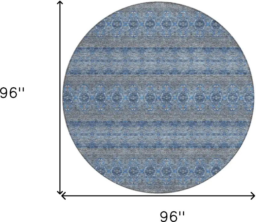 8' Navy Blue And Sky Blue Round Floral Medallion Washable Indoor Outdoor Area Rug Photo 3