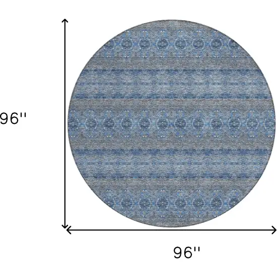 8' Navy Blue And Sky Blue Round Floral Medallion Washable Indoor Outdoor Area Rug Photo 3