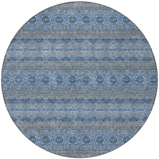 8' Navy Blue And Sky Blue Round Floral Medallion Washable Indoor Outdoor Area Rug Photo 5
